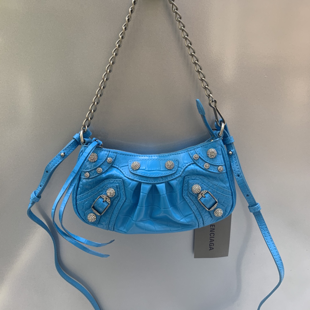 Balenciaga Le Cagole Mini Bag With Chain Crocodile Embossed Rhinestones Shoulder Bag Blue 